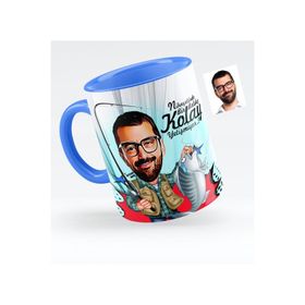 Kişiye Özel Bay Balıkçı Karikatürlü Mavi 1 Kupa Bardak