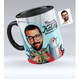 Kişiye Özel Bay Balıkçı Karikatürlü Siyah 1 Kupa Bardak