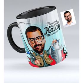 Kişiye Özel Bay Balıkçı Karikatürlü Siyah 1 Kupa Bardak