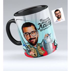 Kişiye Özel Bay Balıkçı Karikatürlü Siyah 1 Kupa Bardak