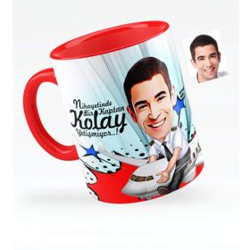 Kişiye Özel Bay Kaptan Pilot Karikatürlü Kırmızı 1 Kupa Bardak