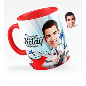 Kişiye Özel Bay Kaptan Pilot Karikatürlü Kırmızı 1 Kupa Bardak