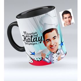 Kişiye Özel Bay Master Chef Karikatürlü Siyah 5 Kupa Bardak