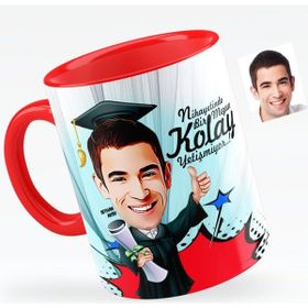 Kişiye Özel Bay Mezun Karikatürlü Kırmızı 1 Kupa Bardak