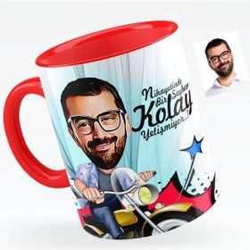 Kişiye Özel Bay Motorcu Karikatürlü Kırmızı 1 Kupa Bardak