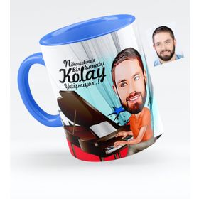 Kişiye Özel Bay Piyanist Karikatürlü Mavi 1 Kupa Bardak