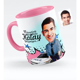 Kişiye Özel Bay Polis Karikatürlü Pembe 6 Kupa Bardak