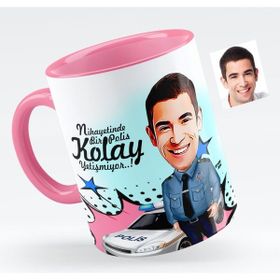 Kişiye Özel Bay Polis Karikatürlü Pembe 6 Kupa Bardak