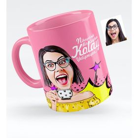 Kişiye Özel Bayan Karikatürlü Pembe 6 Kupa Bardak