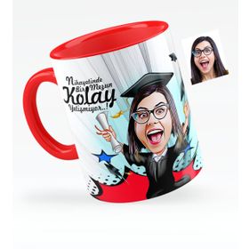 Kişiye Özel Bayan Mezun Karikatürlü Kırmızı 1 Kupa Bardak