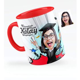 Kişiye Özel Bayan Mezun Karikatürlü Kırmızı 1 Kupa Bardak
