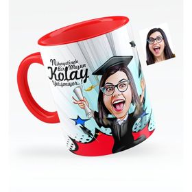 Kişiye Özel Bayan Mezun Karikatürlü Kırmızı 1 Kupa Bardak