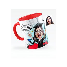 Kişiye Özel Bayan Mezun Karikatürlü Kırmızı 1 Kupa Bardak