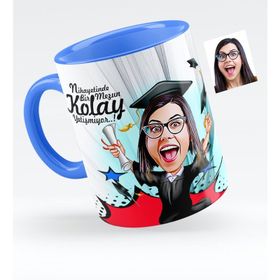 Kişiye Özel Bayan Mezun Karikatürlü Mavi 1 Kupa Bardak