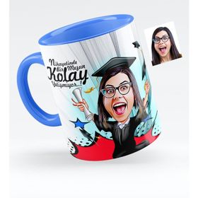 Kişiye Özel Bayan Mezun Karikatürlü Mavi 1 Kupa Bardak
