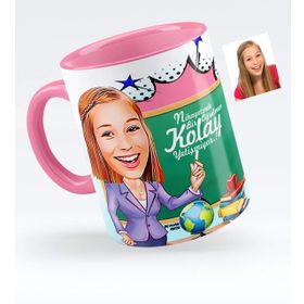 Kişiye Özel Bayan Öğretmen Karikatürlü Pembe 1 Kupa Bardak