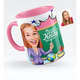 Kişiye Özel Bayan Öğretmen Karikatürlü Pembe 1 Kupa Bardak