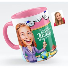 Kişiye Özel Bayan Öğretmen Karikatürlü Pembe 1 Kupa Bardak
