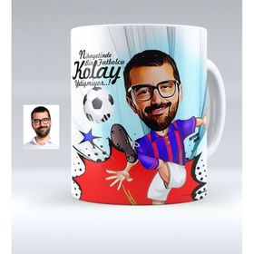 Kişiye Özel Bordo Mavi Futbolcu Karikatürlü Kupa Bardak