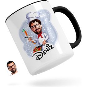 Kişiye Özel Erkek Chef Karikatürlü Siyah Kupa Bardak