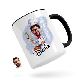 Kişiye Özel Erkek Chef Karikatürlü Siyah Kupa Bardak