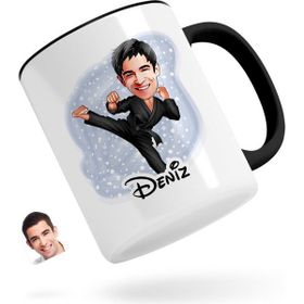 Kişiye Özel Erkek Karateci Karikatürlü Siyah Kupa Bardak