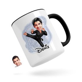 Kişiye Özel Erkek Karateci Karikatürlü Siyah Kupa Bardak