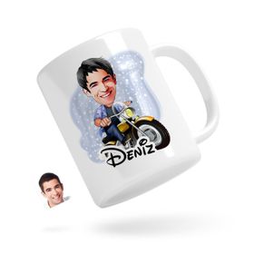 Kişiye Özel Erkek Motorcu Karikatürlü Beyaz Kupa Bardak
