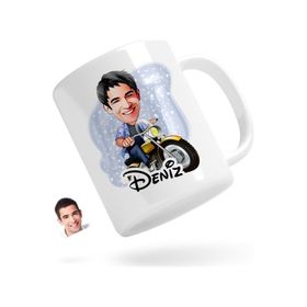 Kişiye Özel Erkek Motorcu Karikatürlü Beyaz Kupa Bardak