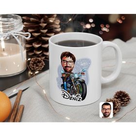 Kişiye Özel Erkek Motorcu Karikatürlü Beyaz Kupa