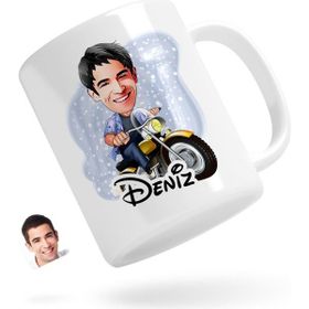 Kişiye Özel Erkek Motorcu Karikatürlü Beyaz Kupa