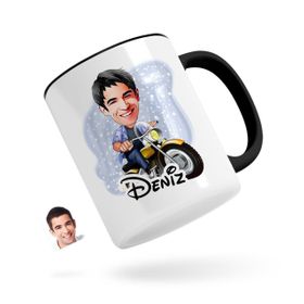 Kişiye Özel Erkek Motorcu Karikatürlü Siyah Kupa Bardak