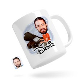 Kişiye Özel Erkek Piyanist Karikatürlü Beyaz Kupa Bardak