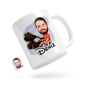 Kişiye Özel Erkek Piyanist Karikatürlü Beyaz Kupa Bardak