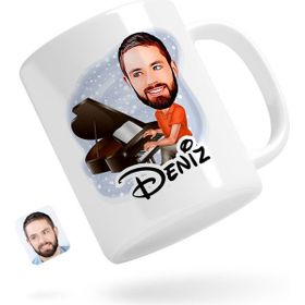 Kişiye Özel Erkek Piyanist Karikatürlü Beyaz Kupa Bardak