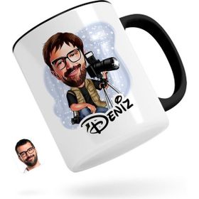 Kişiye Özel Erkek Profesyonel Fotoğrafçı Karikatürlü Siyah Kupa Bardak