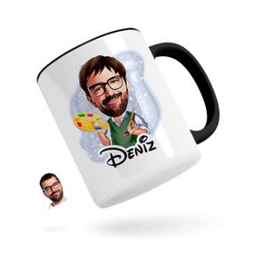 Kişiye Özel Erkek Ressam Karikatürlü Siyah Kupa Bardak