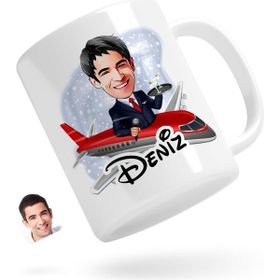 Kişiye Özel Erkek Uçuş Görevlisi Karikatürlü Beyaz Kupa Bardak