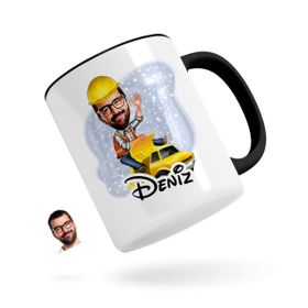 Kişiye Özel Erkek Yol Mühendisi Karikatürlü Siyah Kupa Bardak