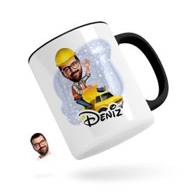 Kişiye Özel Erkek Yol Mühendisi Karikatürlü Siyah Kupa Bardak