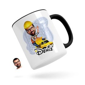 Kişiye Özel Erkek Yol Mühendisi Karikatürlü Siyah Kupa Bardak
