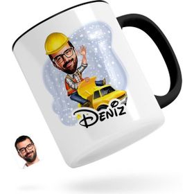 Kişiye Özel Erkek Yol Mühendisi Karikatürlü Siyah Kupa Bardak