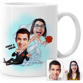 Kişiye Özel Evleniyoruz Karikatür Beyaz 2 Kupa Bardak