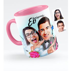 Kişiye Özel Evleniyoruz Karikatürlü Pembe 9 Kupa Bardak
