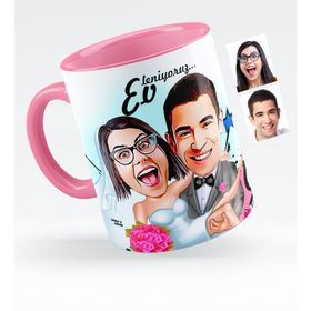 Kişiye Özel Evleniyoruz Karikatürlü Pembe 9 Kupa Bardak