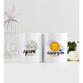 Kişiye Özel Güneşim Ve Ayım Tasarımlı İkili Beyaz Kupa Bardak