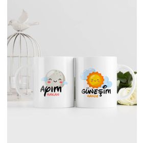 Kişiye Özel Güneşim Ve Ayım Tasarımlı İkili Beyaz Kupa Bardak