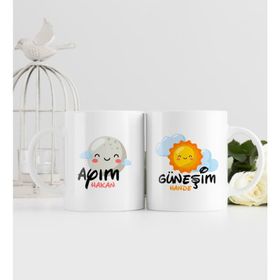 Kişiye Özel Güneşim Ve Ayım Tasarımlı İkili Beyaz Kupa Bardak