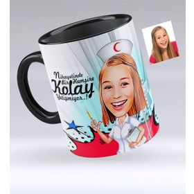 Kişiye Özel Hemşire Karikatürlü Siyah 2 Kupa Bardak