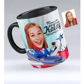 Kişiye Özel Hostes Karikatürlü Siyah 1 Kupa Bardak